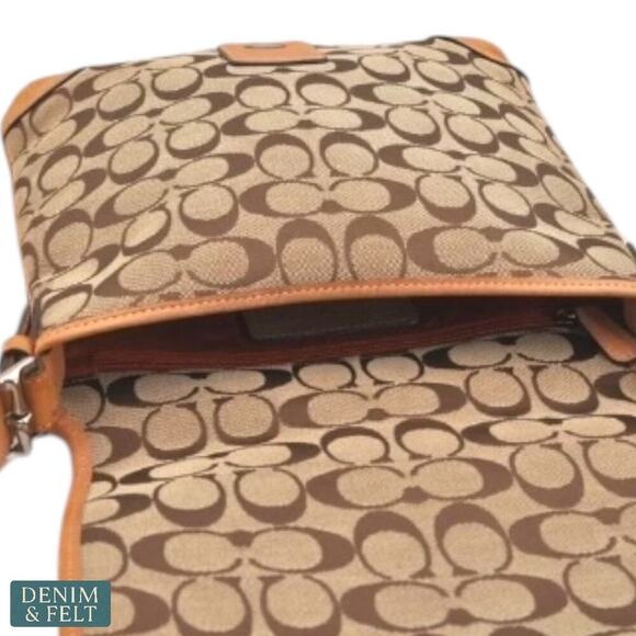 Coach Signature Canvas & Leather Crossbody Messenger Bag Brown Tan Flap Buckle - Picture 9 of 14